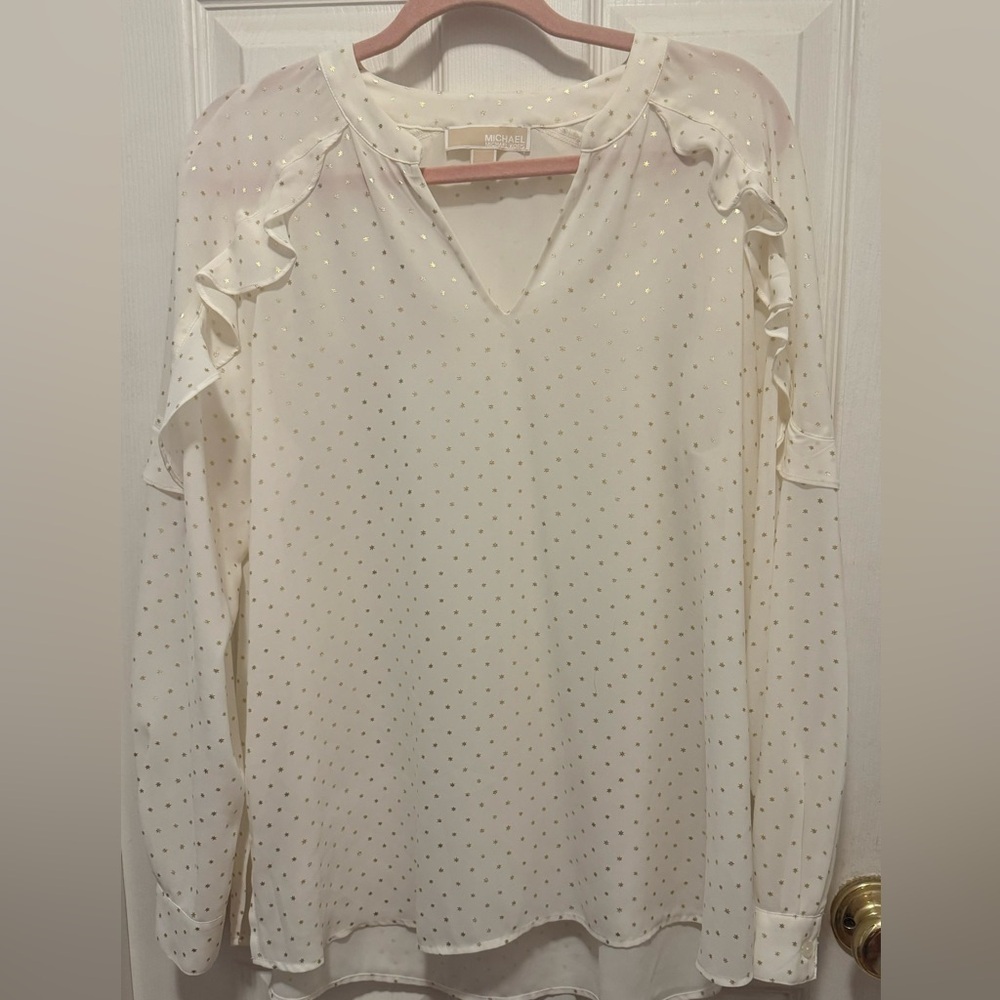 Michael Kors Semi Sheer Blouse with Ruffle Shoulders Detail